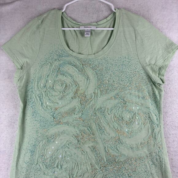 Y2K Style & Co Short Sleeve Top Womens Large 100% Cotton Sequin 3D Tulle Flowers - Picture 8 of 10